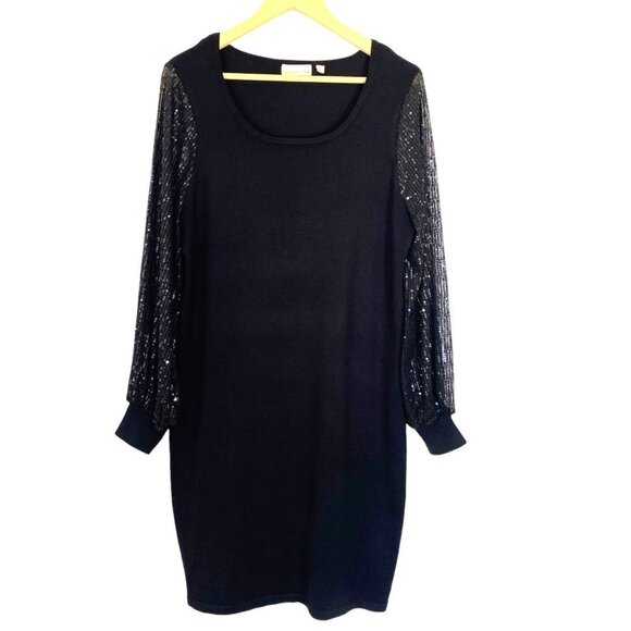 Hailey Lyn Black Knit Knee Length Dress with See Through Sequin Sleeves Size XL - Picture 1 of 9